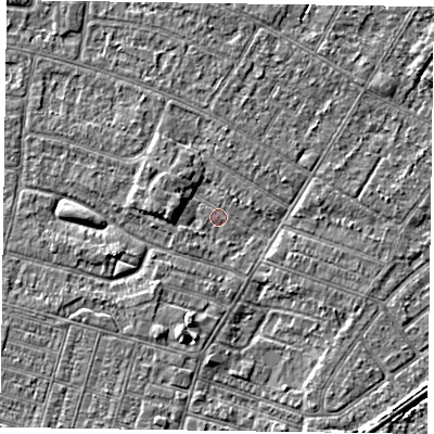 Shaded relief map of the ground around DN146JZ, computed from Environment Agency LiDAR. The ground here sits at about 2 m above sea level and falls 2 m across the surrounding 800 m. Surface water reaching this point runs off ground lying to the south-west, 1.0 m higher.