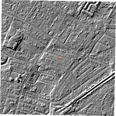 Shaded relief map of the ground around DN146LD, computed from Environment Agency LiDAR. The ground here sits at about 3 m above sea level and falls 3 m across the surrounding 800 m. The ground contributing surface water to this point lies to the south-south-west.