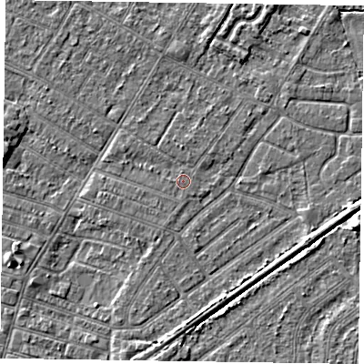 Shaded relief map of the ground around DN146LE, computed from Environment Agency LiDAR. The ground here sits at about 3 m above sea level and falls 4 m across the surrounding 800 m. The ground contributing surface water to this point lies to the west-south-west.