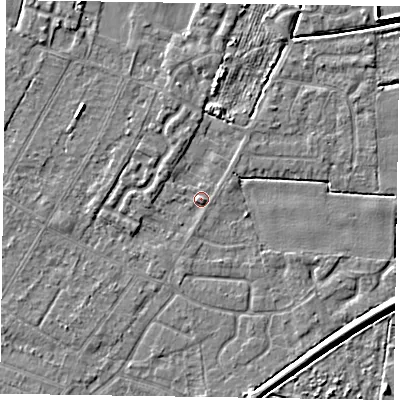 Shaded relief map of the ground around DN146LJ, computed from Environment Agency LiDAR. The ground here sits at about 2 m above sea level and falls 5 m across the surrounding 800 m. Surface water reaching this point runs off ground lying to the south-west, 1.6 m higher.