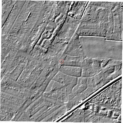 Shaded relief map of the ground around DN146LL, computed from Environment Agency LiDAR. The ground here sits at about 2 m above sea level and falls 4 m across the surrounding 800 m. Surface water reaching this point runs off ground lying to the south-south-west, 0.5 m higher.
