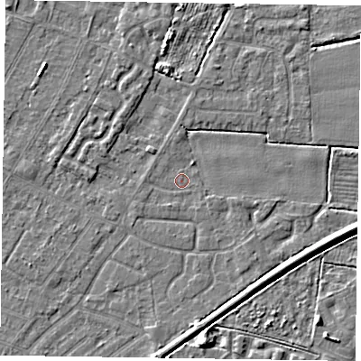 Shaded relief map of the ground around DN146LN, computed from Environment Agency LiDAR. The ground here sits at about 2 m above sea level and falls 5 m across the surrounding 800 m. Surface water reaching this point runs off ground lying to the east-south-east, 4.0 m higher.