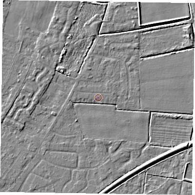 Shaded relief map of the ground around DN146LP, computed from Environment Agency LiDAR. The ground here sits at about 2 m above sea level and falls 6 m across the surrounding 800 m. Surface water reaching this point runs off ground lying to the south-south-east, 4.3 m higher.