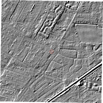 Shaded relief map of the ground around DN146LR, computed from Environment Agency LiDAR. The ground here sits at about 2 m above sea level and falls 4 m across the surrounding 800 m. Surface water reaching this point runs off ground lying to the west-south-west, 0.7 m higher.