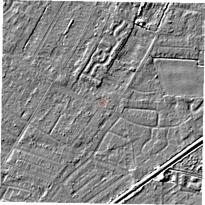 Shaded relief map of the ground around DN146LS, computed from Environment Agency LiDAR. The ground here sits at about 2 m above sea level and falls 4 m across the surrounding 800 m. The ground contributing surface water to this point lies to the north-west.