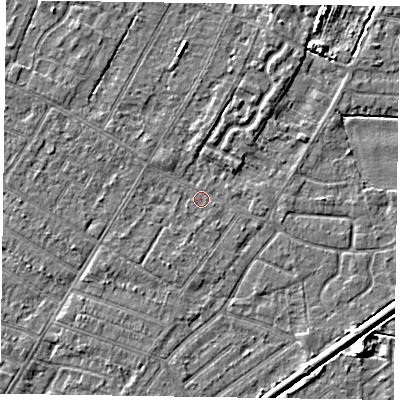 Shaded relief map of the ground around DN146LT, computed from Environment Agency LiDAR. The ground here sits at about 2 m above sea level and falls 4 m across the surrounding 800 m. Surface water reaching this point runs off ground lying to the south-south-west, 1.1 m higher.