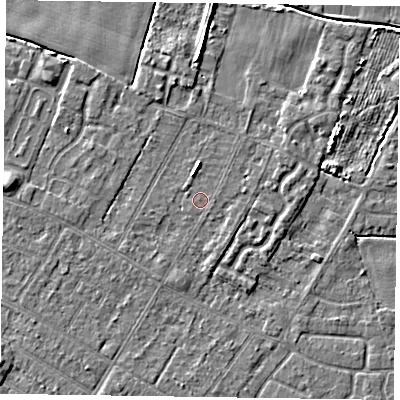 Shaded relief map of the ground around DN146LU, computed from Environment Agency LiDAR. The ground here sits at about 2 m above sea level and falls 4 m across the surrounding 800 m. The ground contributing surface water to this point lies to the south-south-east.