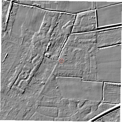 Shaded relief map of the ground around DN146LW, computed from Environment Agency LiDAR. The ground here sits at about 2 m above sea level and falls 6 m across the surrounding 800 m. The ground contributing surface water to this point lies to the south-west.