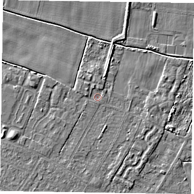 Shaded relief map of the ground around DN146LZ, computed from Environment Agency LiDAR. The ground here sits at about 2 m above sea level and falls 5 m across the surrounding 800 m. Surface water reaching this point runs off ground lying to the north-north-west, 1.2 m higher.