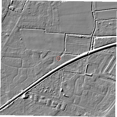 Shaded relief map of the ground around DN146NN, computed from Environment Agency LiDAR. The ground here sits at about 2 m above sea level and falls 7 m across the surrounding 800 m. Surface water reaching this point runs off ground lying to the east-north-east, 6.6 m higher.