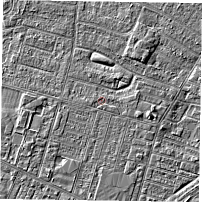 Shaded relief map of the ground around DN146NS, computed from Environment Agency LiDAR. The ground here sits at about 3 m above sea level and falls 4 m across the surrounding 800 m. Surface water reaching this point runs off ground lying to the east-south-east, 1.4 m higher.