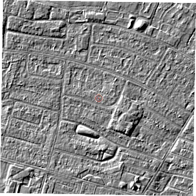 Shaded relief map of the ground around DN146PB, computed from Environment Agency LiDAR. The ground here sits at about 3 m above sea level and falls 3 m across the surrounding 800 m. The ground contributing surface water to this point lies to the east-north-east.