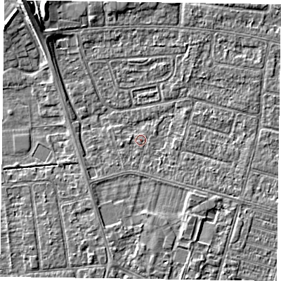 Shaded relief map of the ground around DN146PF, computed from Environment Agency LiDAR. The ground here sits at about 2 m above sea level and falls 6 m across the surrounding 800 m. Surface water reaching this point runs off ground lying to the south-south-east, 1.8 m higher.
