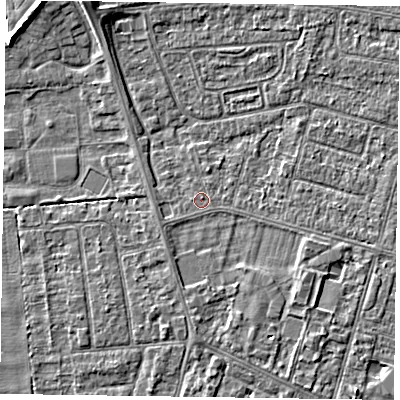 Shaded relief map of the ground around DN146PG, computed from Environment Agency LiDAR. The ground here sits at about 2 m above sea level and falls 4 m across the surrounding 800 m. The ground contributing surface water to this point lies to the south-west.