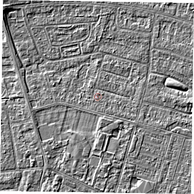 Shaded relief map of the ground around DN146PH, computed from Environment Agency LiDAR. The ground here sits at about 3 m above sea level and falls 3 m across the surrounding 800 m. The ground contributing surface water to this point lies to the south-east.