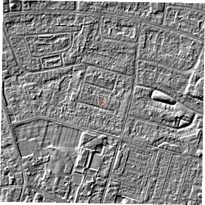 Shaded relief map of the ground around DN146PJ, computed from Environment Agency LiDAR. The ground here sits at about 2 m above sea level and falls 2 m across the surrounding 800 m. Surface water reaching this point runs off ground lying to the south-south-east, 0.9 m higher.