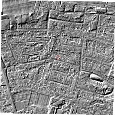 Shaded relief map of the ground around DN146PP, computed from Environment Agency LiDAR. The ground here sits at about 2 m above sea level and falls 3 m across the surrounding 800 m. Surface water reaching this point runs off ground lying to the north, 0.7 m higher.