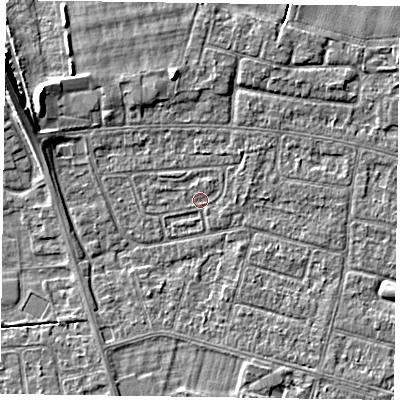 Shaded relief map of the ground around DN146PT, computed from Environment Agency LiDAR. The ground here sits at about 2 m above sea level and falls 7 m across the surrounding 800 m. Surface water reaching this point runs off ground lying to the south-west, 1.1 m higher.