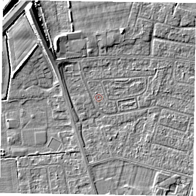 Shaded relief map of the ground around DN146PW, computed from Environment Agency LiDAR. The ground here sits at about 2 m above sea level and falls 11 m across the surrounding 800 m. Surface water reaching this point runs off ground lying to the south-south-east, 2.0 m higher.