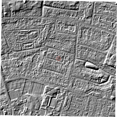 Shaded relief map of the ground around DN146QA, computed from Environment Agency LiDAR. The ground here sits at about 2 m above sea level and falls 3 m across the surrounding 800 m. Surface water reaching this point runs off ground lying to the south, 1.1 m higher.