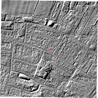 Shaded relief map of the ground around DN146QN, computed from Environment Agency LiDAR. The ground here sits at about 3 m above sea level and falls 3 m across the surrounding 800 m. The ground contributing surface water to this point lies to the south-east.