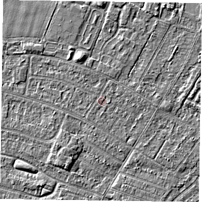Shaded relief map of the ground around DN146QS, computed from Environment Agency LiDAR. The ground here sits at about 3 m above sea level and falls 3 m across the surrounding 800 m. The ground contributing surface water to this point lies to the south.