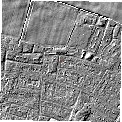 Shaded relief map of the ground around DN146QY, computed from Environment Agency LiDAR. The ground here sits at about 2 m above sea level and falls 4 m across the surrounding 800 m. Surface water reaching this point runs off ground lying to the east-north-east, 1.8 m higher.