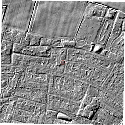 Shaded relief map of the ground around DN146QZ, computed from Environment Agency LiDAR. The ground here sits at about 3 m above sea level and falls 3 m across the surrounding 800 m. Surface water reaching this point runs off ground lying to the east-north-east, 1.9 m higher.