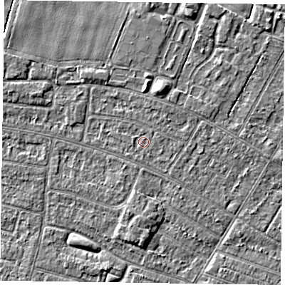 Shaded relief map of the ground around DN146RB, computed from Environment Agency LiDAR. The ground here sits at about 3 m above sea level and falls 3 m across the surrounding 800 m. Surface water reaching this point runs off ground lying to the east-north-east, 0.6 m higher.