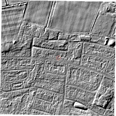 Shaded relief map of the ground around DN146RD, computed from Environment Agency LiDAR. The ground here sits at about 2 m above sea level and falls 4 m across the surrounding 800 m. Surface water reaching this point runs off ground lying to the east-north-east, 2.0 m higher.