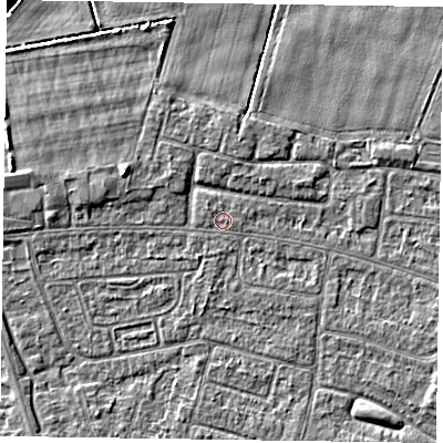 Shaded relief map of the ground around DN146RE, computed from Environment Agency LiDAR. The ground here sits at about 2 m above sea level and falls 6 m across the surrounding 800 m. The ground contributing surface water to this point lies to the north-west.