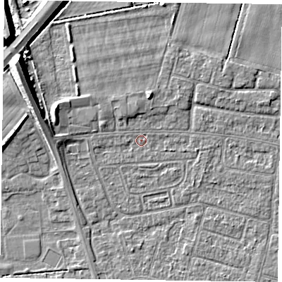Shaded relief map of the ground around DN146RF, computed from Environment Agency LiDAR. The ground here sits at about 2 m above sea level and falls 10 m across the surrounding 800 m. Surface water reaching this point runs off ground lying to the west-north-west, 3.6 m higher.
