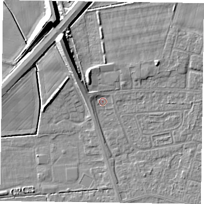Shaded relief map of the ground around DN146RG, computed from Environment Agency LiDAR. The ground here sits at about 2 m above sea level and falls 11 m across the surrounding 800 m. Surface water reaching this point runs off ground lying to the west-north-west, 2.0 m higher.