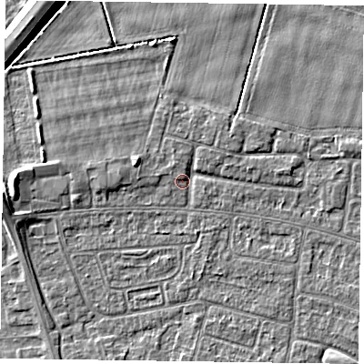 Shaded relief map of the ground around DN146RH, computed from Environment Agency LiDAR. The ground here sits at about 3 m above sea level and falls 8 m across the surrounding 800 m. Surface water reaching this point runs off ground lying to the north-east, 1.2 m higher.