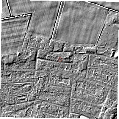 Shaded relief map of the ground around DN146RJ, computed from Environment Agency LiDAR. The ground here sits at about 3 m above sea level and falls 4 m across the surrounding 800 m. Surface water reaching this point runs off ground lying to the west-north-west, 0.8 m higher.