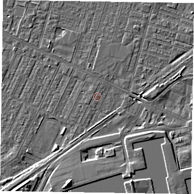 Shaded relief map of the ground around DN146SH, computed from Environment Agency LiDAR. The ground here sits at about 3 m above sea level and falls 8 m across the surrounding 800 m. The ground contributing surface water to this point lies to the north-west.