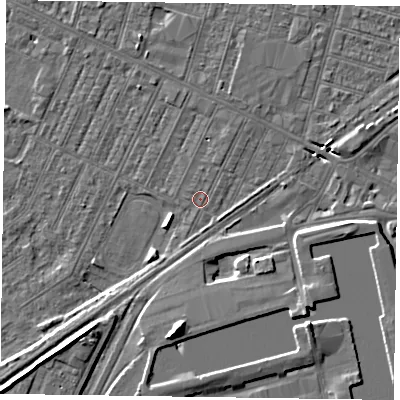 Shaded relief map of the ground around DN146SJ, computed from Environment Agency LiDAR. The ground here sits at about 3 m above sea level and falls 8 m across the surrounding 800 m. The ground contributing surface water to this point lies to the south-south-west.