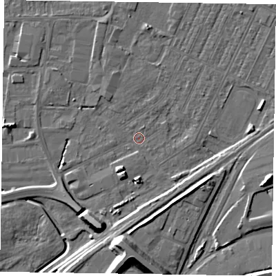 Shaded relief map of the ground around DN146SY, computed from Environment Agency LiDAR. The ground here sits at about 2 m above sea level and falls 13 m across the surrounding 800 m. Surface water reaching this point runs off ground lying to the south-south-west, 5.7 m higher.