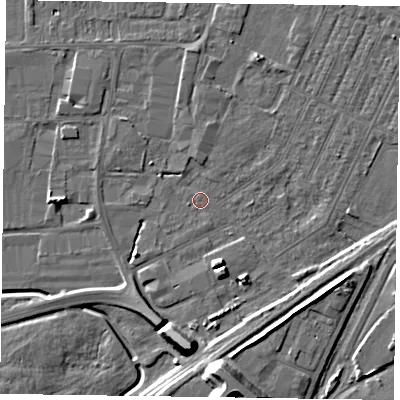 Shaded relief map of the ground around DN146TB, computed from Environment Agency LiDAR. The ground here sits at about 2 m above sea level and falls 13 m across the surrounding 800 m. Surface water reaching this point runs off ground lying to the south, 12.7 m higher.
