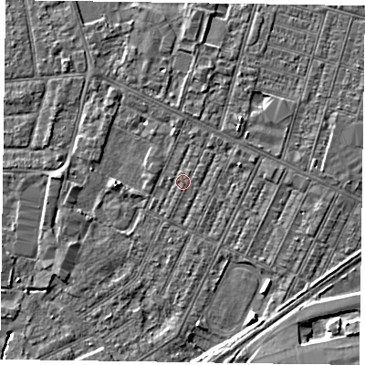 Shaded relief map of the ground around DN146TH, computed from Environment Agency LiDAR. The ground here sits at about 3 m above sea level and falls 5 m across the surrounding 800 m. Surface water reaching this point runs off ground lying to the east-north-east, 0.6 m higher.
