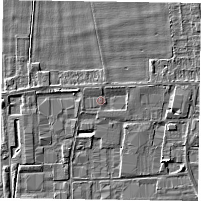 Shaded relief map of the ground around DN146UA, computed from Environment Agency LiDAR. The ground here sits at about 2 m above sea level and falls 5 m across the surrounding 800 m. Surface water reaching this point runs off ground lying to the north-east, 1.2 m higher.