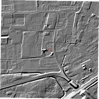 Shaded relief map of the ground around DN146UD, computed from Environment Agency LiDAR. The ground here sits at about 3 m above sea level and falls 14 m across the surrounding 800 m. Surface water reaching this point runs off ground lying to the west, 2.9 m higher.