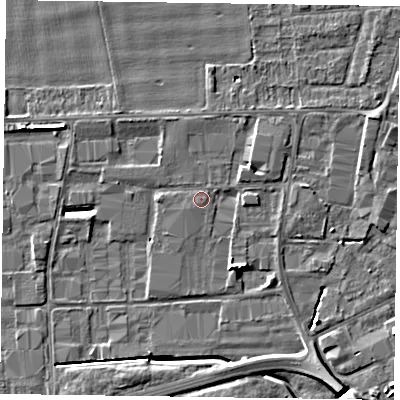 Shaded relief map of the ground around DN146UE, computed from Environment Agency LiDAR. The ground here sits at about 3 m above sea level and falls 9 m across the surrounding 800 m. Surface water reaching this point runs off ground lying to the north-east, 1.2 m higher.