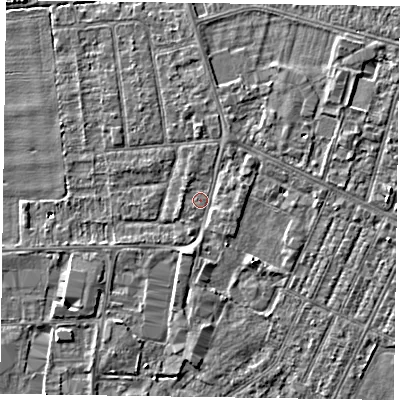 Shaded relief map of the ground around DN146UJ, computed from Environment Agency LiDAR. The ground here sits at about 3 m above sea level and falls 3 m across the surrounding 800 m. Surface water reaching this point runs off ground lying to the east-north-east, 1.2 m higher.