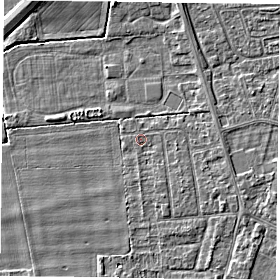 Shaded relief map of the ground around DN146UU, computed from Environment Agency LiDAR. The ground here sits at about 2 m above sea level and falls 4 m across the surrounding 800 m. Surface water reaching this point runs off ground lying to the south-south-east, 0.9 m higher.