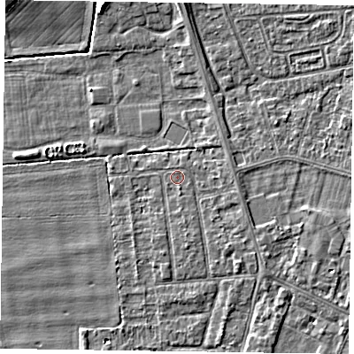Shaded relief map of the ground around DN146UX, computed from Environment Agency LiDAR. The ground here sits at about 2 m above sea level and falls 4 m across the surrounding 800 m. Surface water reaching this point runs off ground lying to the south-east, 1.1 m higher.