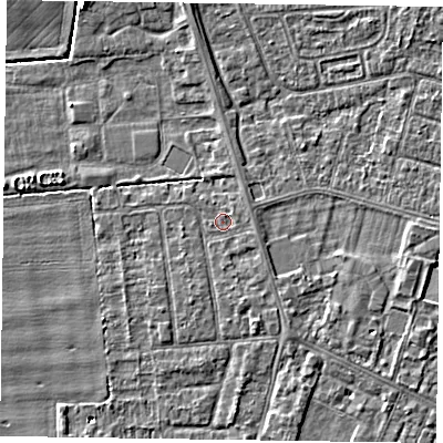 Shaded relief map of the ground around DN146UY, computed from Environment Agency LiDAR. The ground here sits at about 2 m above sea level and falls 4 m across the surrounding 800 m. Surface water reaching this point runs off ground lying to the east-north-east, 0.6 m higher.