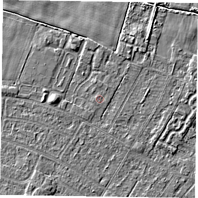 Shaded relief map of the ground around DN146WB, computed from Environment Agency LiDAR. The ground here sits at about 3 m above sea level and falls 5 m across the surrounding 800 m. The ground contributing surface water to this point lies to the north.