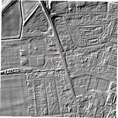 Shaded relief map of the ground around DN146XB, computed from Environment Agency LiDAR. The ground here sits at about 2 m above sea level and falls 7 m across the surrounding 800 m. Surface water reaching this point runs off ground lying to the south-south-east, 1.0 m higher.