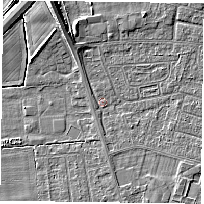 Shaded relief map of the ground around DN146XD, computed from Environment Agency LiDAR. The ground here sits at about 2 m above sea level and falls 10 m across the surrounding 800 m. Surface water reaching this point runs off ground lying to the north-north-west, 2.5 m higher.